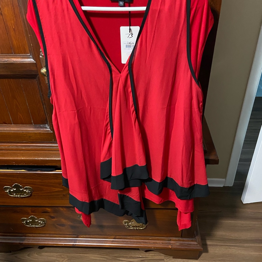 Red and Black Asymmetrical Blouse with Flowing Design